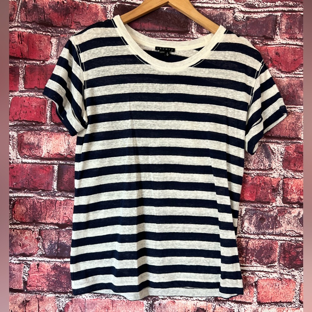 Theory NWT Lisso Navy & White Striped Fine Knit Linen Tee